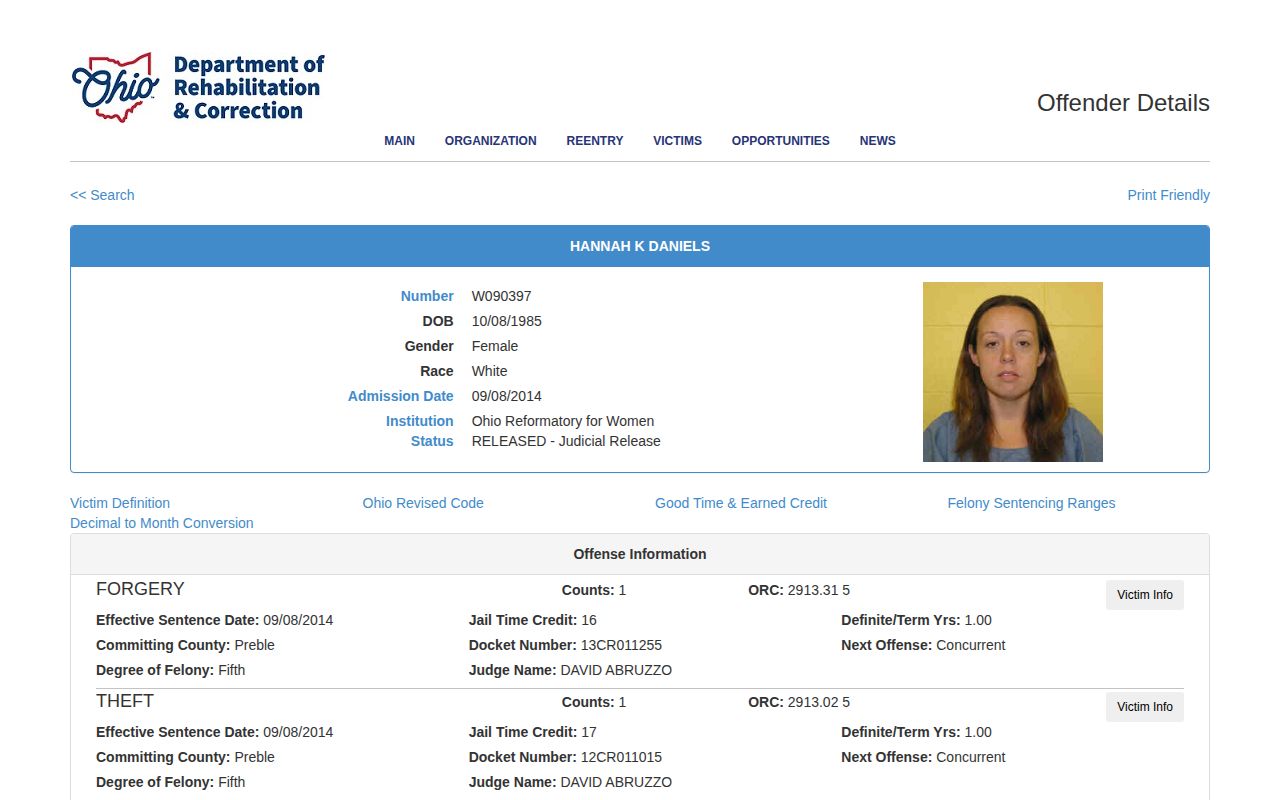 Knox County ODRC released offender result with release status and projected date fields