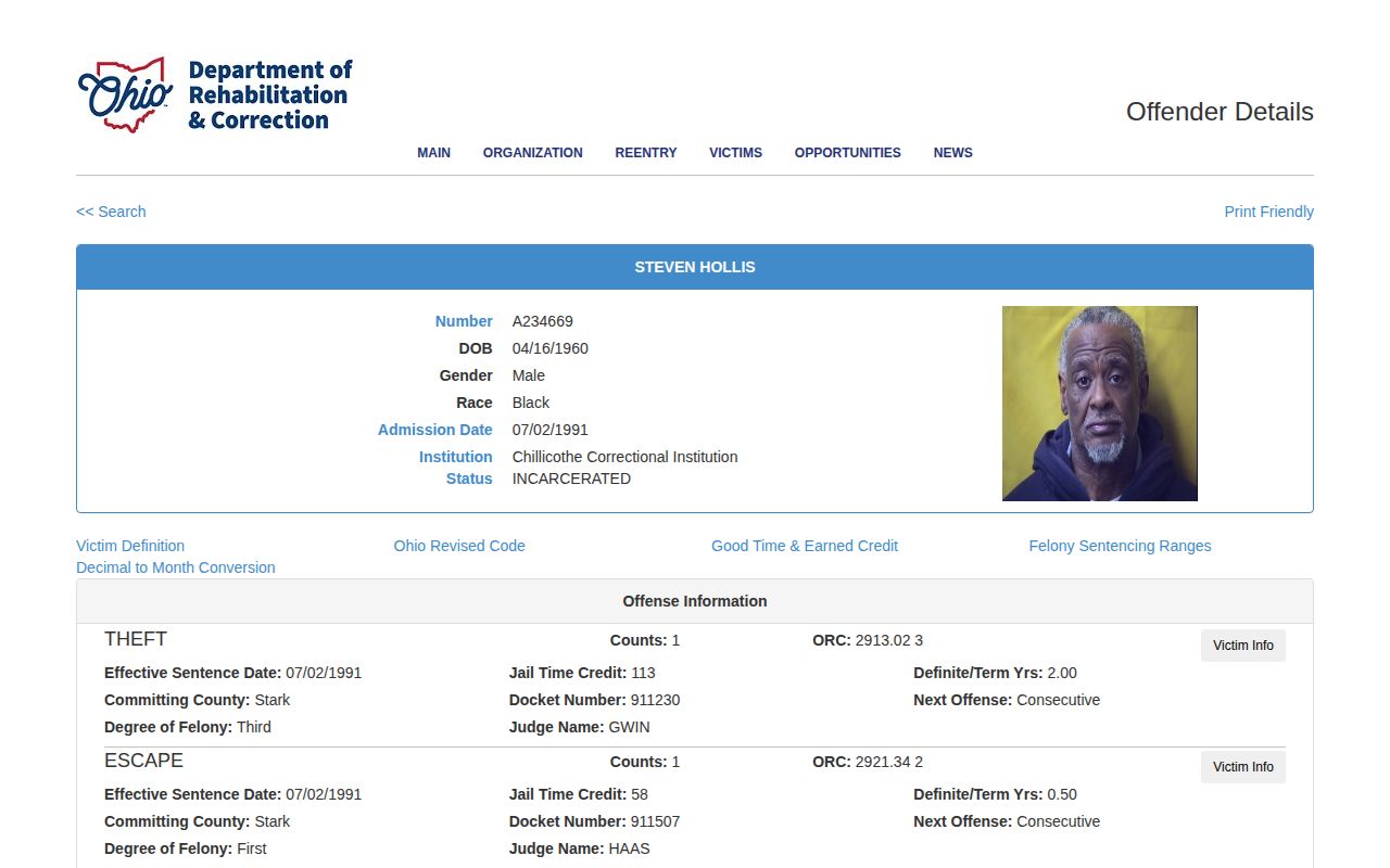 Knox County projected release date example with ODRC Expected Release Date Parole Eligibility Date field